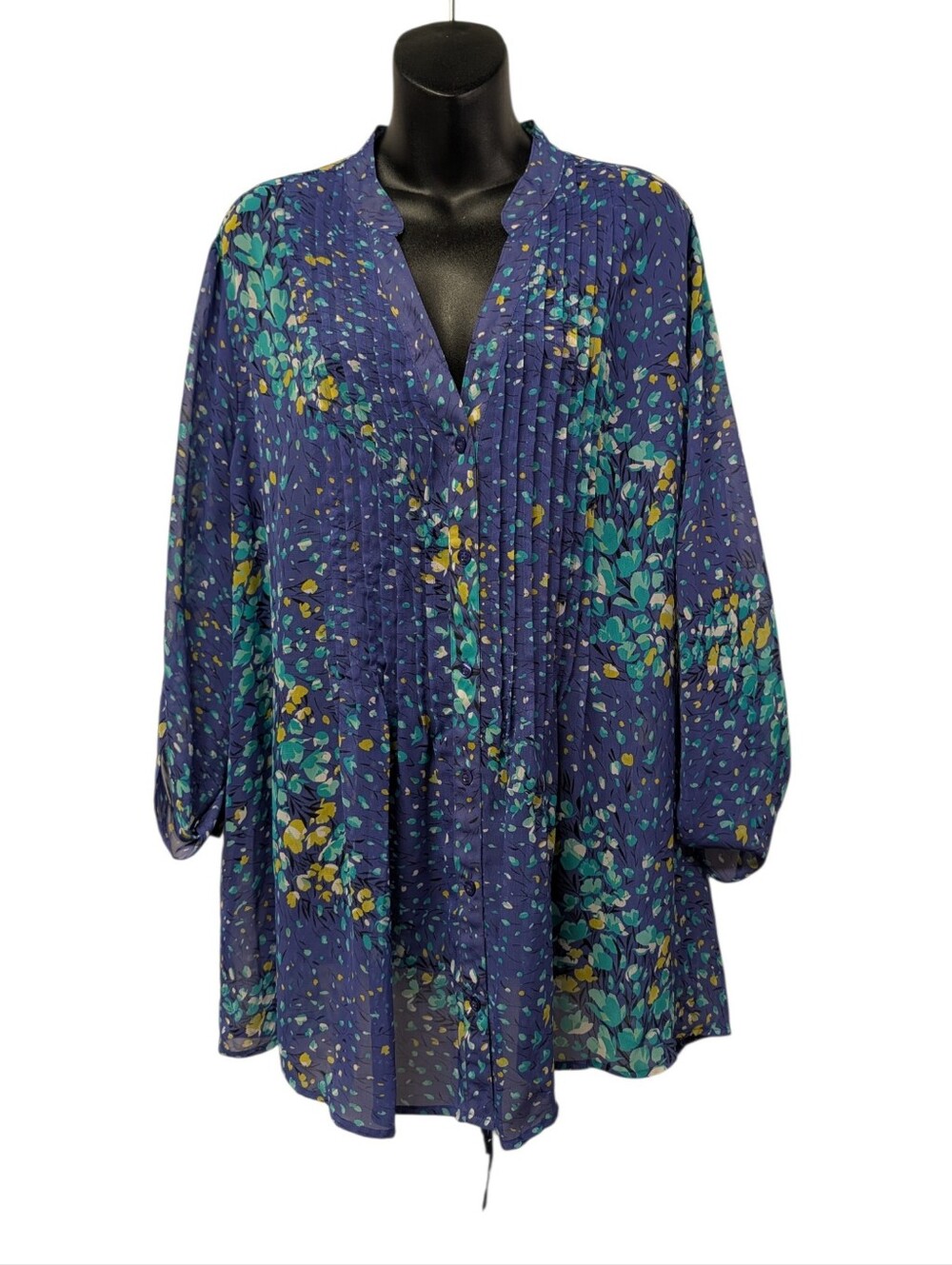Apt. 9 Womens Blue Floral Sheer Chiffon V-Neck Tunic Blouse Long Sleeve Plus 3X
